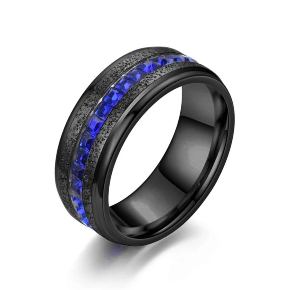 Mens Black Cubic Zirconia Band, with Royal Blue accent stones - Picture 1 of 8